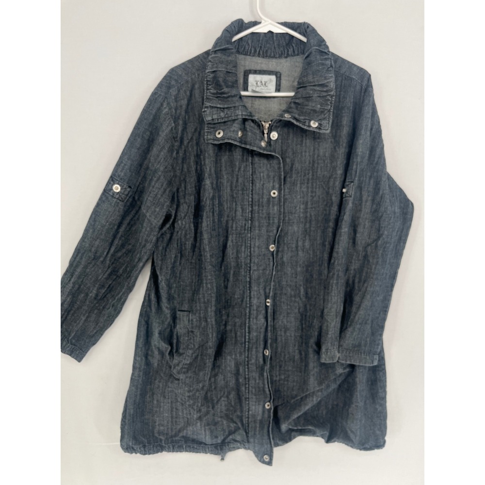 LAL Live a Little Denim Jacket Womens 2X Ruffle Neck Zip Up Blue 56994X